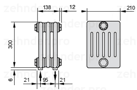 Схема (чертеж) Радиатор Zehnder Charleston 6030/3 №5310 Белый глянцевый RAL 9016